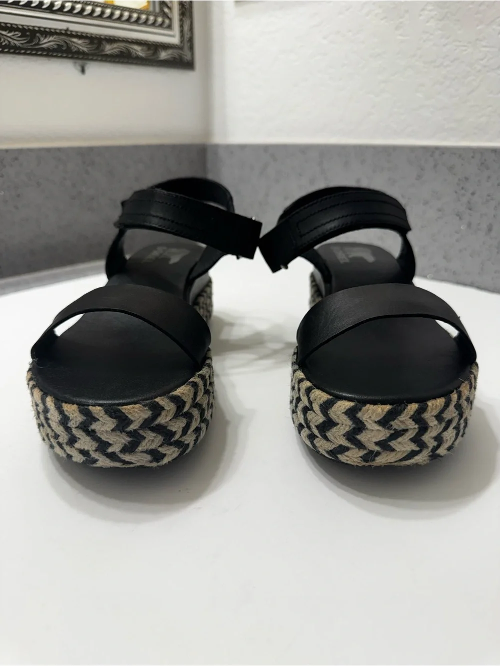 Sorel Cameron Flatform Black Leather Espadrille Sandal Sz 7